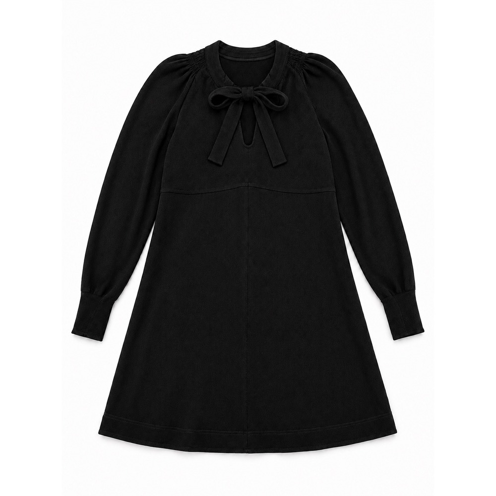 See By Chloe Black Bow Tie Neck Long Sleeve Mini Dress Size 38 Smocked Shoulder